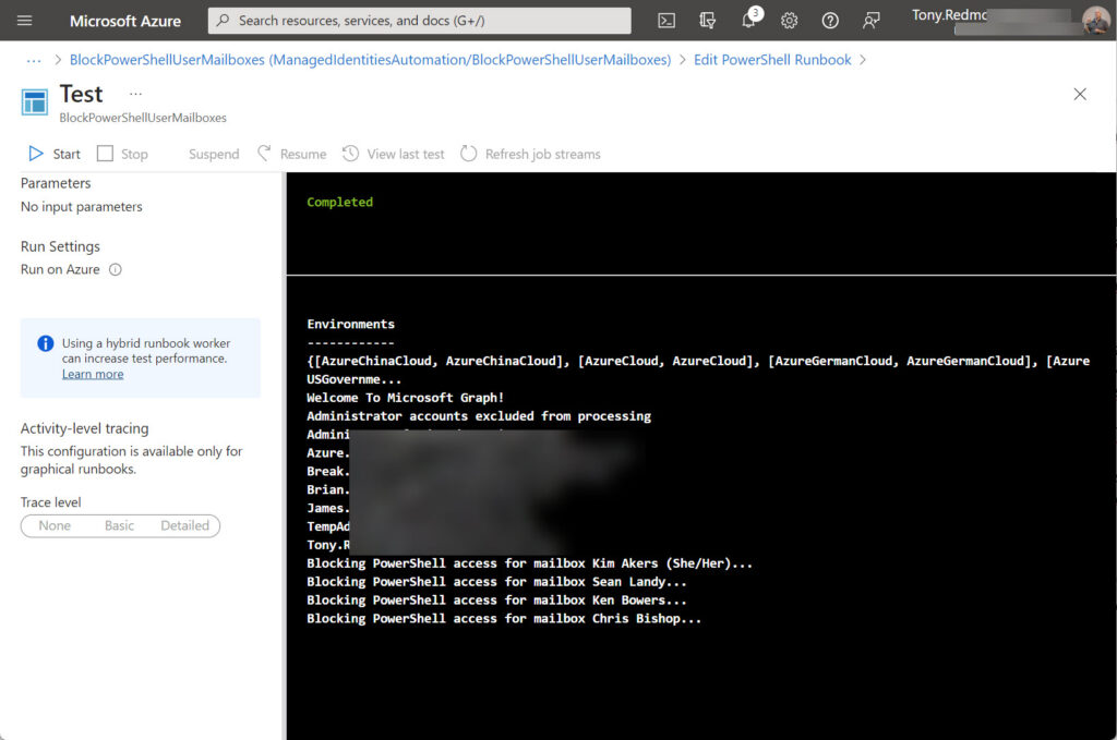 Disabling user access to Exchange Online PowerShell with Azure Automation