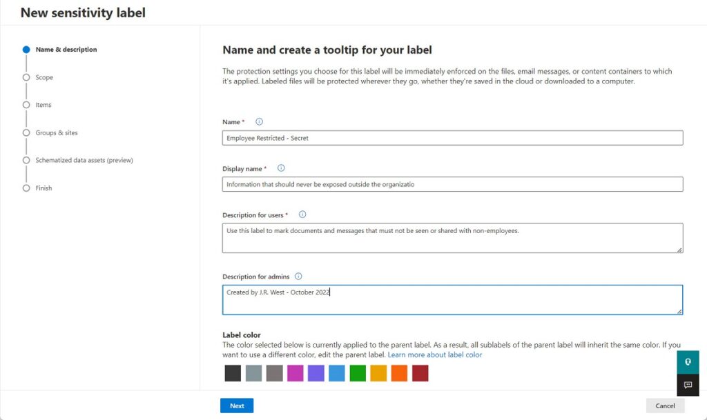 Colors available for sensitivity labels in the Microsoft Purview Compliance portal
