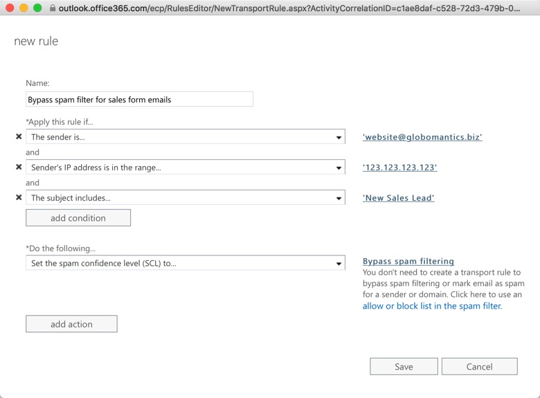 Bypassing spam filtering with an Exchange Online mail flow rule