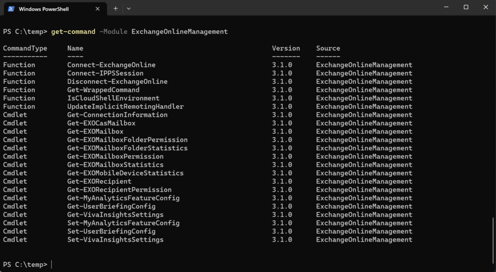 Exchange Online cmdlets available to a regular user