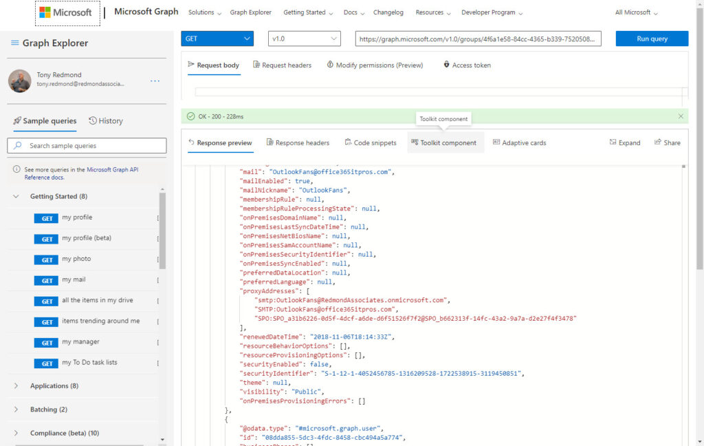 The Graph Explorer shows members of a nested distribution list