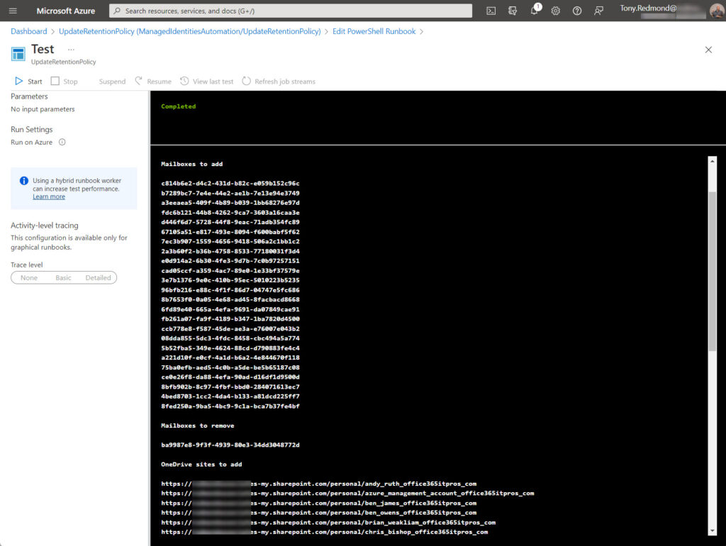 Testing the script to update retention policy locations in Azure Automation