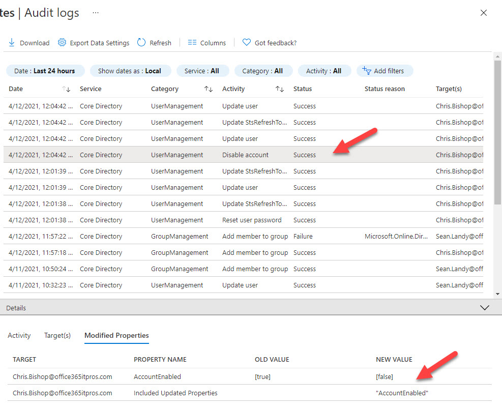 Audit records in the Azure AD log captured when an account is disabled