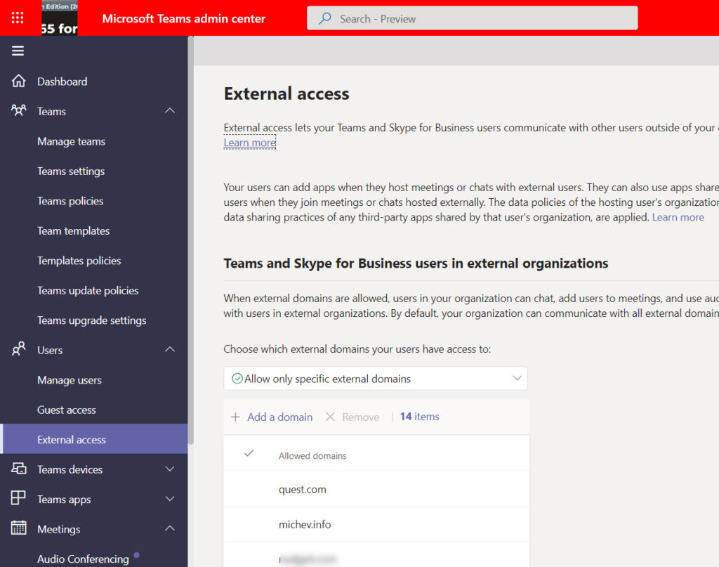 Modifying external access to limit connections to an allow list of other Teams organizations