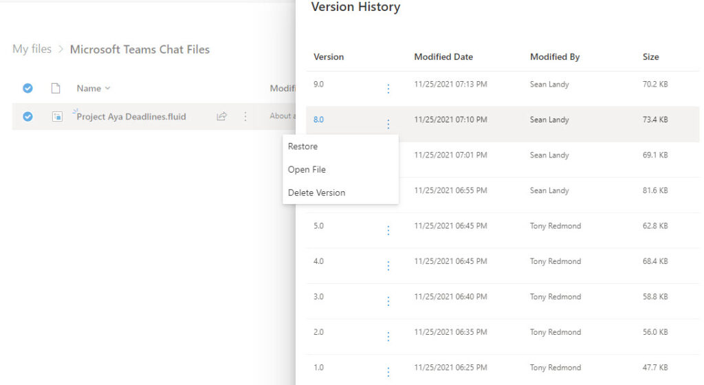 Versions for a loop component stored in OneDrive for Business