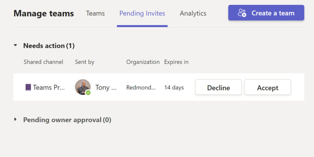 A team owner can accept or decline the invitation to join a shared channel