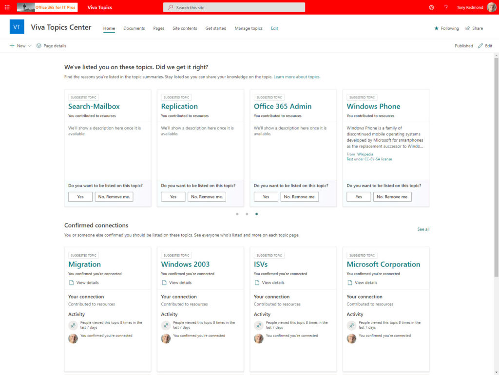 Topics appear in the Viva Topics Center