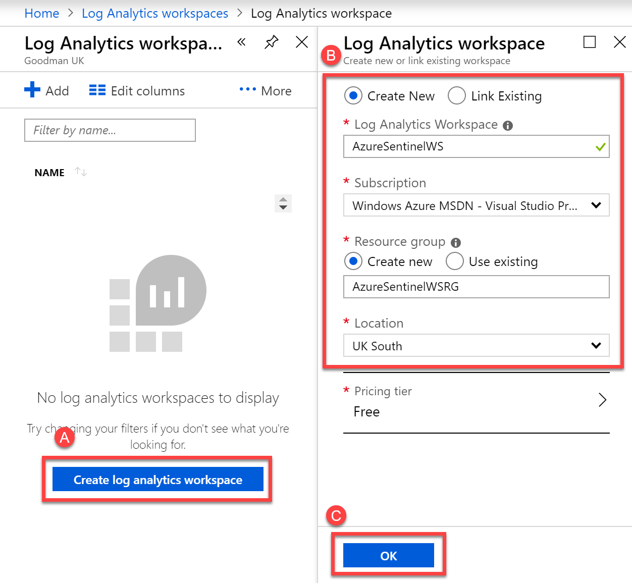 Create a new Log Analytics workspace