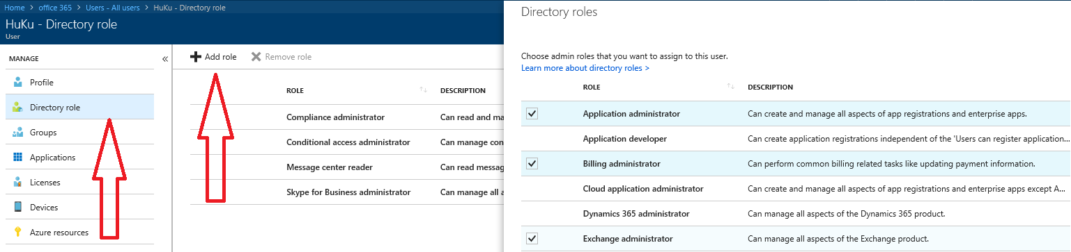 Screen shot showing where to add roles - License Admin in Azure AD