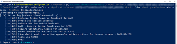 Run the Export-M365Configuration cmdlet to export configuration details
