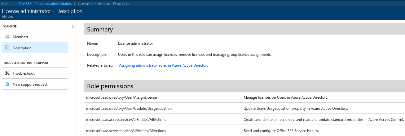 Screen shot showing the new License Admin role feature in Azure AD