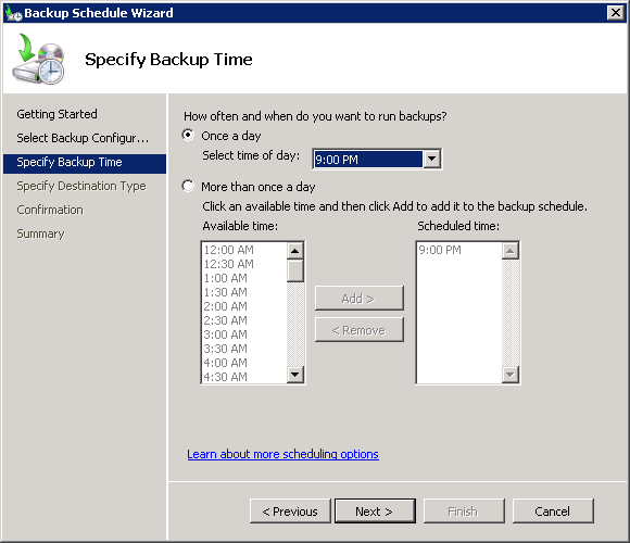 Windows Server Backup scheduling options